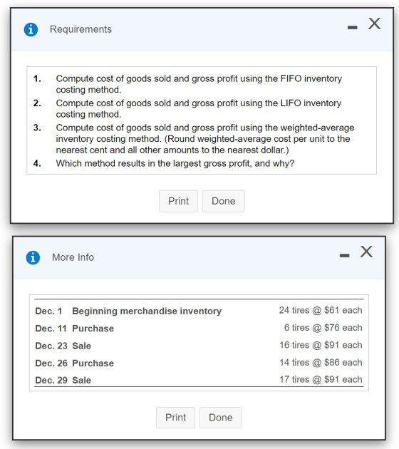 A Requirements X 1. 2. Compute cost of goods sold and gross profit using the FIFO inventory costing method. Compute cost of g