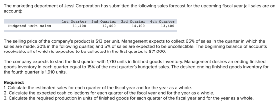 The marketing department of Jessi Corporation has submitted the following sales forecast for the upcoming fiscal year (all sa