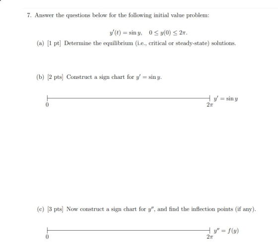 7. Answer the questions below for the following initial value problem: y (t) = sin y, 0 <y(0) < 27. (a) [1 pt) Determine the
