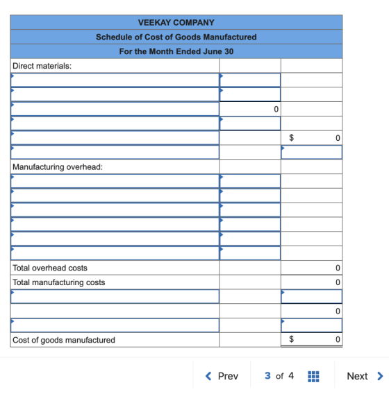 VEEKAY COMPANY Schedule of Cost of Goods Manufactured For the Month Ended June 30 Direct materials: Manufacturing overhead: T
