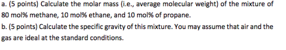 a. (5 points) Calculate the molar mass (i.e., average molecular weight) of the mixture of 80 mol% methane, 10 mol% ethane, an