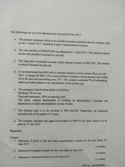 The followings are yet to be adjusted as at year end 30 June 2017 The prepaid insurance refers to six months insurance premiu