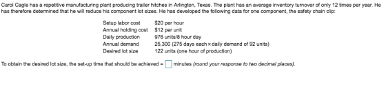 Carol Cagle has a repetitive manufacturing plant producing trailer hitches in Arlington, Texas. The plant has an average inve