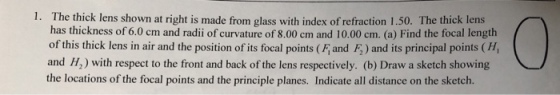 The thick lens shown at right is made from glass with index of refraction 1.50. The thick lens has thickness of 6.0 cm and radii of curvature of 8.00 cm and 10.00 cm. (a) Find the focal length of this thick lens in air and the position of its focal points (F and F) and its principal points (H, and H,) with respect to the front and back of the lens respectively. (b) Draw a sketch showing the locations of the focal points and the principle planes. Indicate all distance on the sketch. 1.