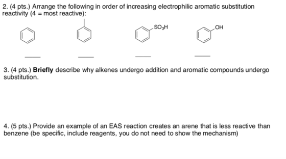 2. (4 pts.) Arrange the following in order of increasing electrophilic aromatic substitution reactivity (4 = most reactive):