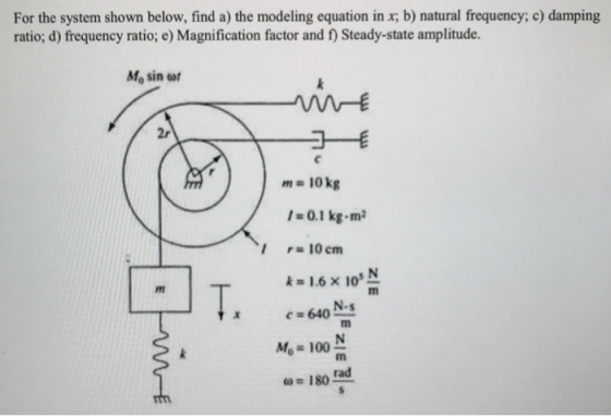 For the system shown below, find a) the modeling equation in x; b) natural frequency; c) damping ratio; d) frequency ratio; e