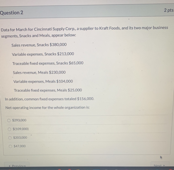 Question 2 2 pts Data for March for Cincinnati Supply Corp., a supplier to Kraft Foods, and its two major business segments,