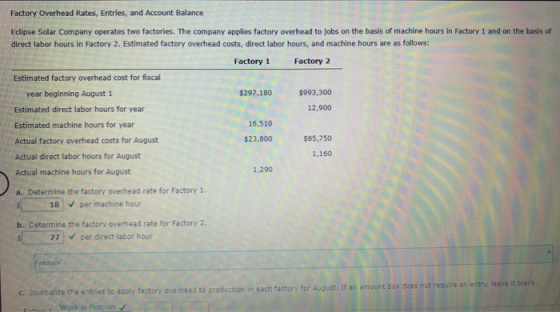 Factory Overhead Rates, Entries, and Account Balance Eclipse Solar Company operates two factories. The company applies factor