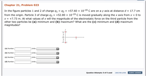 Chapter 21, Problem 023 In the figure particles 1 and 2 of charge q1 = q2 = +57.60 x 10-19 C are on a y axis at distance d = 17.7 cm from the origin. Particle 3 of charge q3 +52.80 x 10-19 C is moved gradually along the x axis from x-0 to x = +7.73 m. At what values of x will the magnitude of the electrostatic force on the third particle from the other two particles be (a) minimum and (b) maximum? What are the (c) minimum and (d) maximum magnitudes? (a) Number (b) Number (e) Number (d) Number Units Units Units Question Attempts: 0 of S used SAVE FOR LATER SUBHIT ANSWER