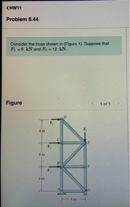 <HW11 Problem 6.44 Consider the truss shown in (Figure 1). Suppose that F1 = 6 kN and F2 = 12 kN. Figure 1 of 1