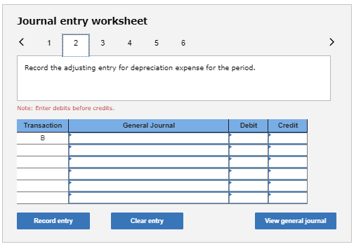 Journal entry worksheet 2 3 4 5 6 Record the adjusting entry for depreciation expense for the period. Note: Enter debits befo
