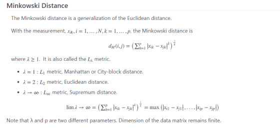 Minkowski Distance The Minkowski distance is a generalization of the Euclidean distance. With the measurement, Xik, i = 1, ..