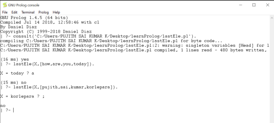 X GNU Prolog console File Edit Terminal Prolog Help GNU Prolog 1.4.5 (64 bits) Compiled Jul 14 2018, 12:58:46 with cl By Dani