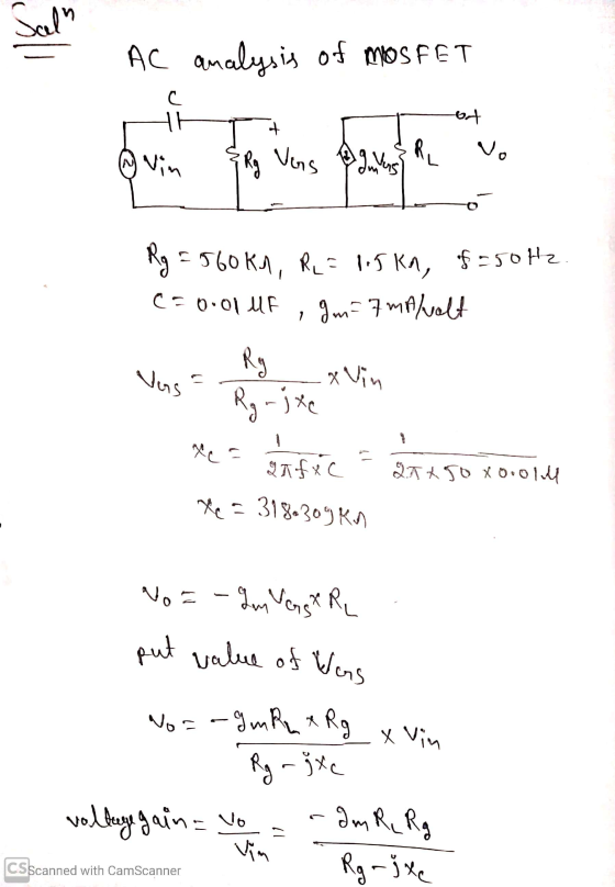 Seln AC analysis of moSFET C TH + ot vo ② Vin paleta & Rg Vers gulang Rg=560kn, Realit kn, f=50Hz. C=0.01 Ulf , gm=7 mphuolt