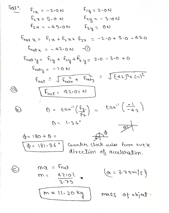 Salo, fin = -2.0N f2 x=5.on -45.ON fy=2.00 fzya -3.00 fan= fay ON fret x = fintfaut fax = -2.0+ 5.0-45.0 Fneta 42.ON -1.ON fr