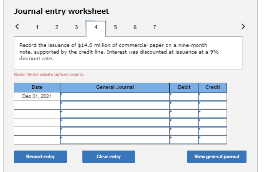 Journal entry worksheet < 1 2 3 Record the issuance of $14.0 million of commercial paper on a nine-month note, supported by t
