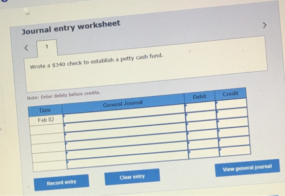 Journal entry worksheet < 1 Wrote a $340 check to establish a petty cash fund. Credit Note: Enter debits before credits. Debi