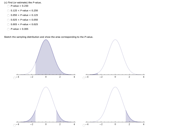 (c) Find (or estimate) the P-value P-value 0.250 0.125< P-value < 0.250 0.050 < P-value < 0.125 0.025< P-value< 0.050 0.005 P