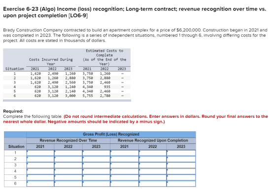 Exercise 6-23 (Algo) Income (loss) recognition; Long-term contract; revenue recognition over time vs. upon project completion