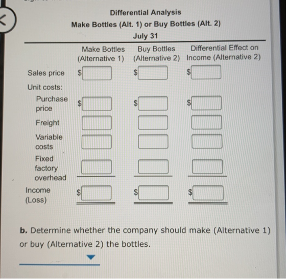 Differential Analysis Make Bottles (Alt. 1) or Buy Bottles (Alt. 2) July 31 Make Bottles Buy Bottles Differential Effect on (