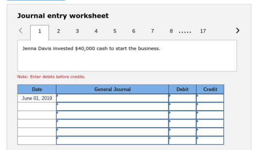Journal entry worksheet 1 23 4 5 678 17 Jenna Davis invested $40,000 cash to start the business Note: Enter debits before credits Date General Journal Debit Credit June 01, 2019