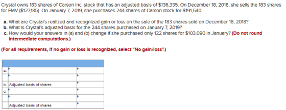 Crystal owns 183 shares of Carson Inc. stock that has an adjusted basis of $136,335. On December 18, 2018, she sells the 183
