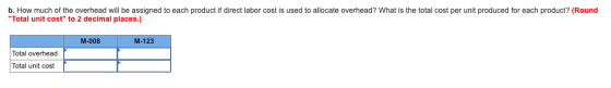 b. How much of the overhead will be assigned to each product if direct labor cost is used to allocate overhead? What is the t