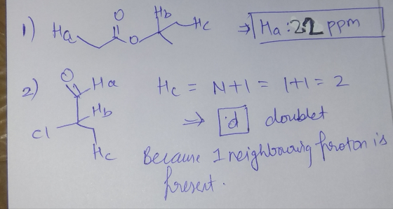 fete Ha:22ppm 12 LHb y Ha Ab He He = N+1=1+1=2 [d] doublet because I neighbouring proton is present.