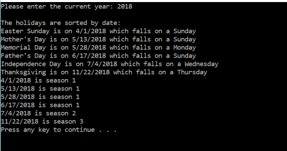 Please enter the current year: 2018 The holidays are sorted by date: Easter Sunday is on 4/1/2018 which falls on a Sunday oth