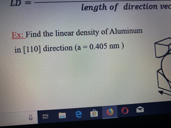 LD = length of direction vec Ex: Find the linear density of Aluminum in [110] direction (a - 0.405 nm)