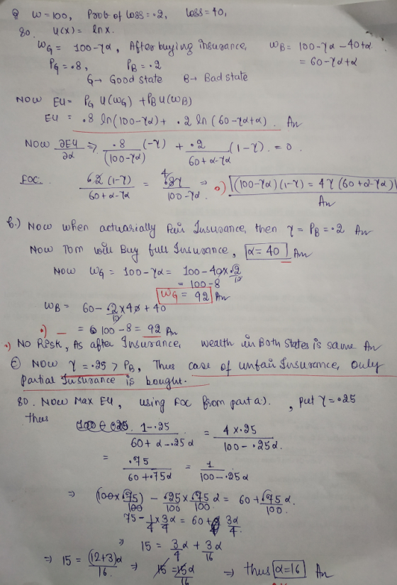 = 60-74 → Good State e-Bad state oo-Yo) dl 부-100 ) No Resk, ts after wusance, wealth un Both States is sa thes さのeeas. 1-35 a 4 x.95 60 + 54 loo-,25 d 1x38 = 60 4 16