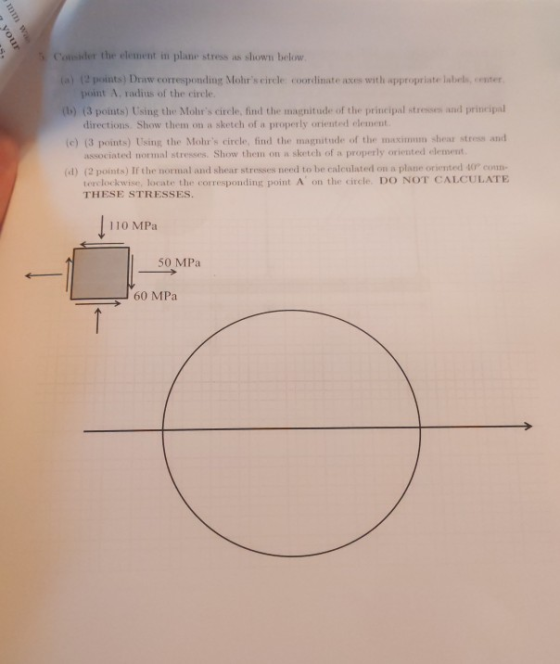 your Consider the element in plane stress as shown below. () (2 points) Draw corresponding Mohrs circle coordinate axes with