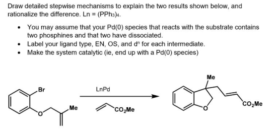 Draw detailed stepwise mechanisms to explain the two results shown below, and rationalize the difference. Ln- (PPh3)4 You may assume that your Pd(0) species that reacts with the substrate contains two phosphines and that two have dissociated . . Label your ligand type, EN, OS, and dn for each intermediate. .Make the system catalytic (ie, end up with a Pd(0) species) Me Br LnPd CO2Me Me CO2Me