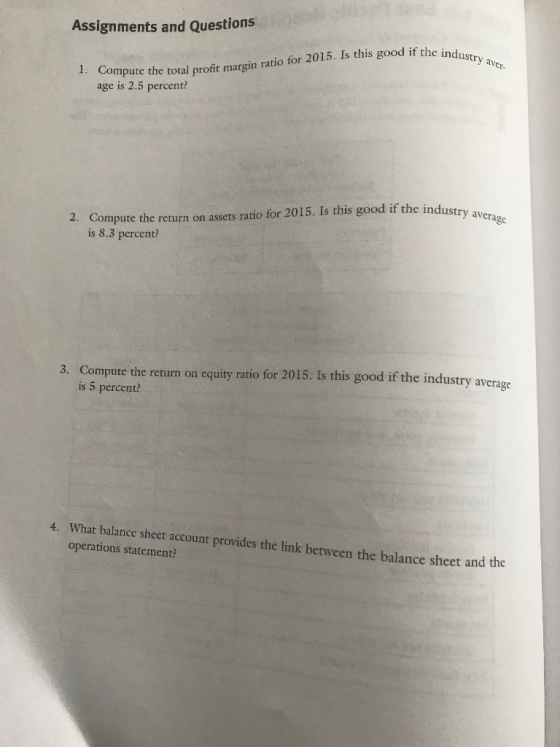 Assignments and Questions he industry aver io for 2015. Is this good if the indus 1. Compute the total profit margin ratio ag