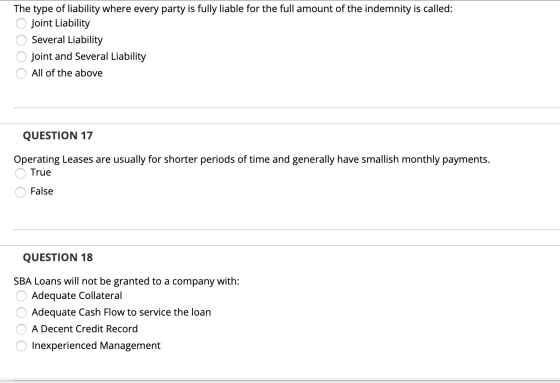 The type of liability where every party is fully liable for the full amount of the indemnity is called: Joint Liability Sever
