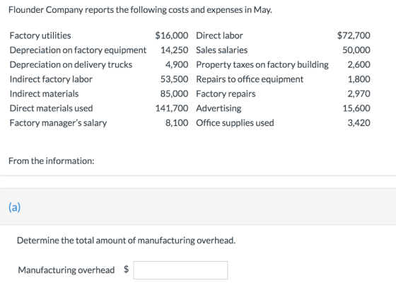 Flounder Company reports the following costs and expenses in May. $72,700 50,000 2,600 Factory utilities Depreciation on fact