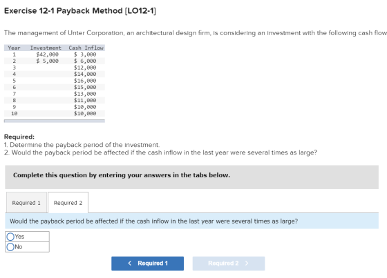 Exercise 12-1 Payback Method (LO12-1] The management of Unter Corporation, an architectural design firm, is considering an in