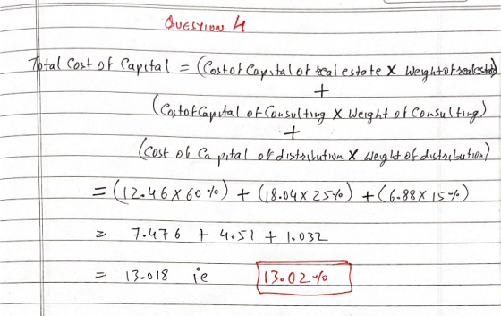 Question 4 Total cost of Capital = (Cestof Cayestalotscal estate x Weighto Ixcelested + + (costof capital of Consulting & Wei