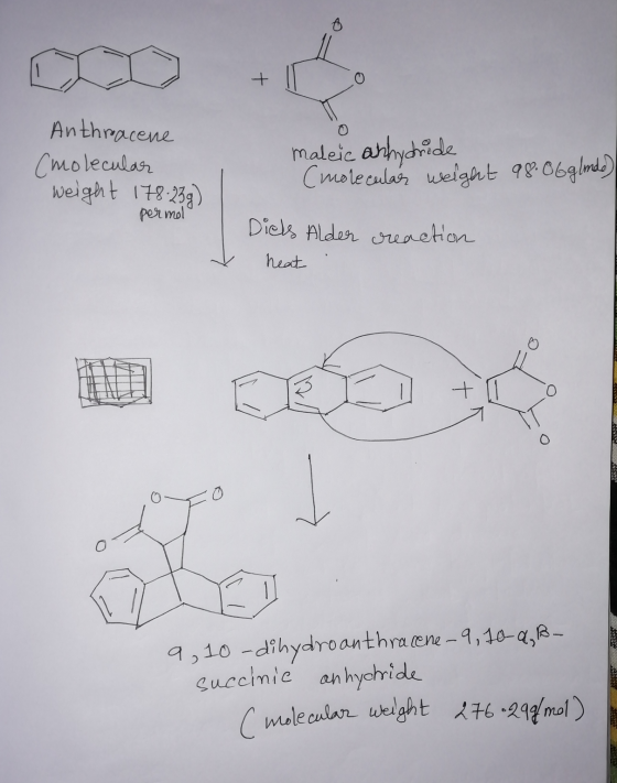 Anthracene (molecular weight 178.239) permol maleic anhydride (molecular weight 98.86glado) Dicks Alder reaction heat 9,10 -d