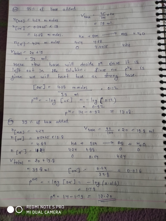 VID I 95% of bare added. base Too to Nenal = 4.24 m.moles D = 19 ml. non10.2465 x 19 = 4.68 m. moles, HA + Bon - AB + H₂O nga