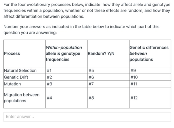 For the four evolutionary processes below, indicate: how they affect allele and genotype frequencies within a population, whe