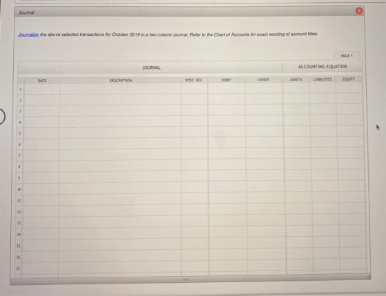 Journal Journalize the above selected transactions for October 2019 in a two-column journal. Refer to the Chart of Accounts f