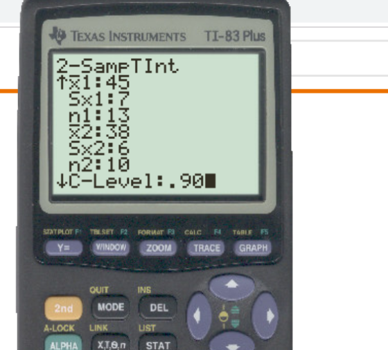TI-83 Plus TEXAS INSTRUMENTS 2-SamPTInt ↑ 1:45 S× 1 : 7 nl:13 %2:38 S×2: 6 n2:10 WINDOWZOOM TRACEGRAPH QUIT INS 2nd MODE DEL