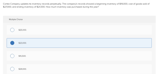 Cortez Company updates its inventory records perpetually. The companys records showed a beginning inventory of $19,000, cost
