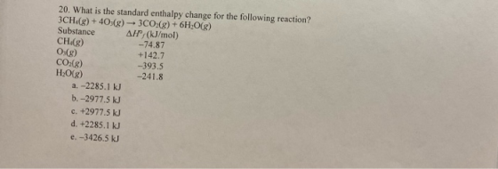 20. What is the standard enthalpy change for the following reaction? 3CH.(g) + 40,(g) - 3C02(g) + 6H2O(g) AH® (kJ/mol) CHig)