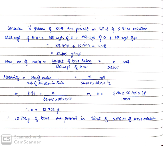 - consider à grams of kon are present in 3&me of 5.96M solution MS. wge. 2. KOH2 ml.uggt. FK + Ml.coge. Jo + Mo.cgt.& __ 39.0