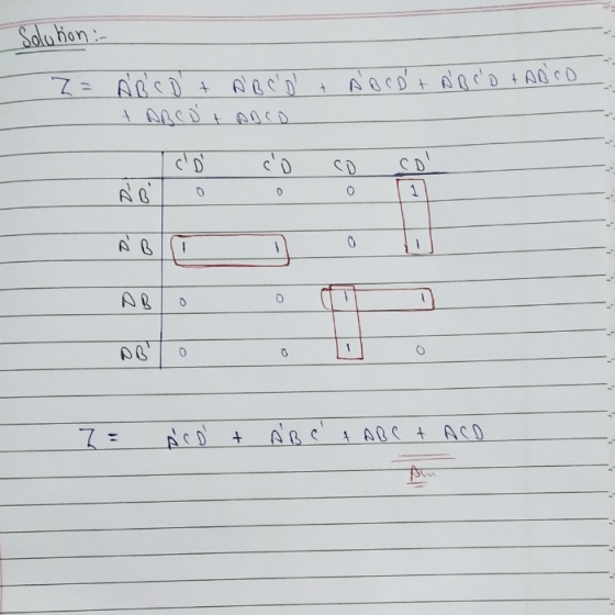 Solution :- Z= ABCD + A B C D + А [1, с . 20 с) ABCDt A B C D + ABCD — ogo o o o 7 = pco + Agc: AQс + ACO