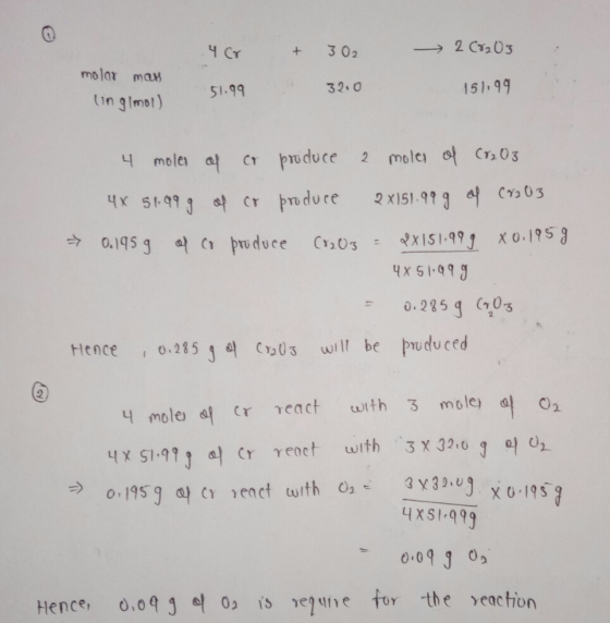 2 C203 3 02 Ч СY + molar man 151.99 32.0 51.99 tin gimot) CT203 2 mole mole at cr produce 2X151.999 C03 S99 Cr produce XISI-9