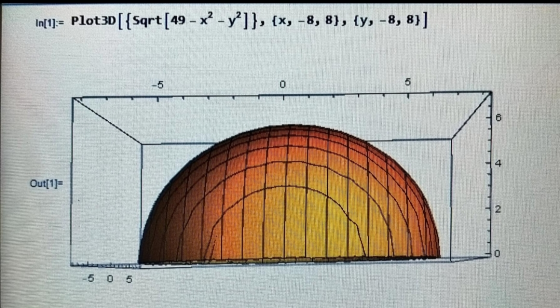 In[1]= Plot3D({sqrt(49 - x? -y?]}, {x, -8, 8), {y, -8, 8)] -5 0 5 6 Out[1]= O -5 0 5