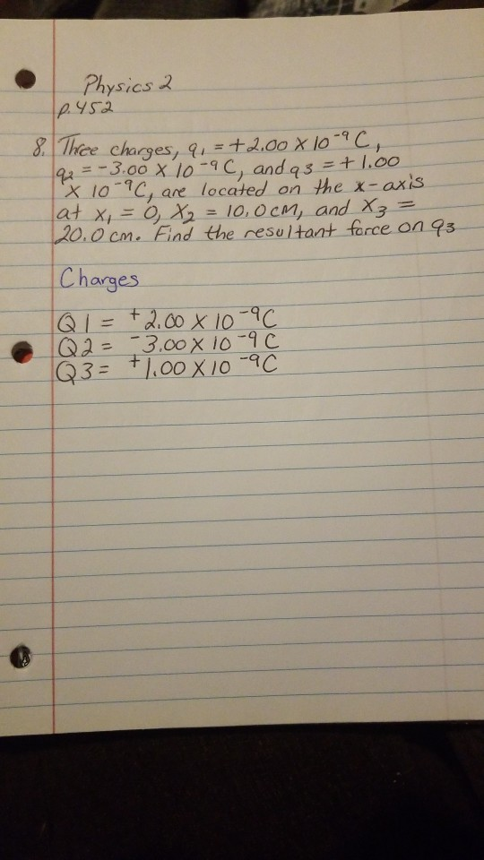 ysics 2 pysa liee chages,9 +2.00x10°C, X 10 C,are located on the x-axis 0cm Find the resul tant force on 9s Charges C and g3